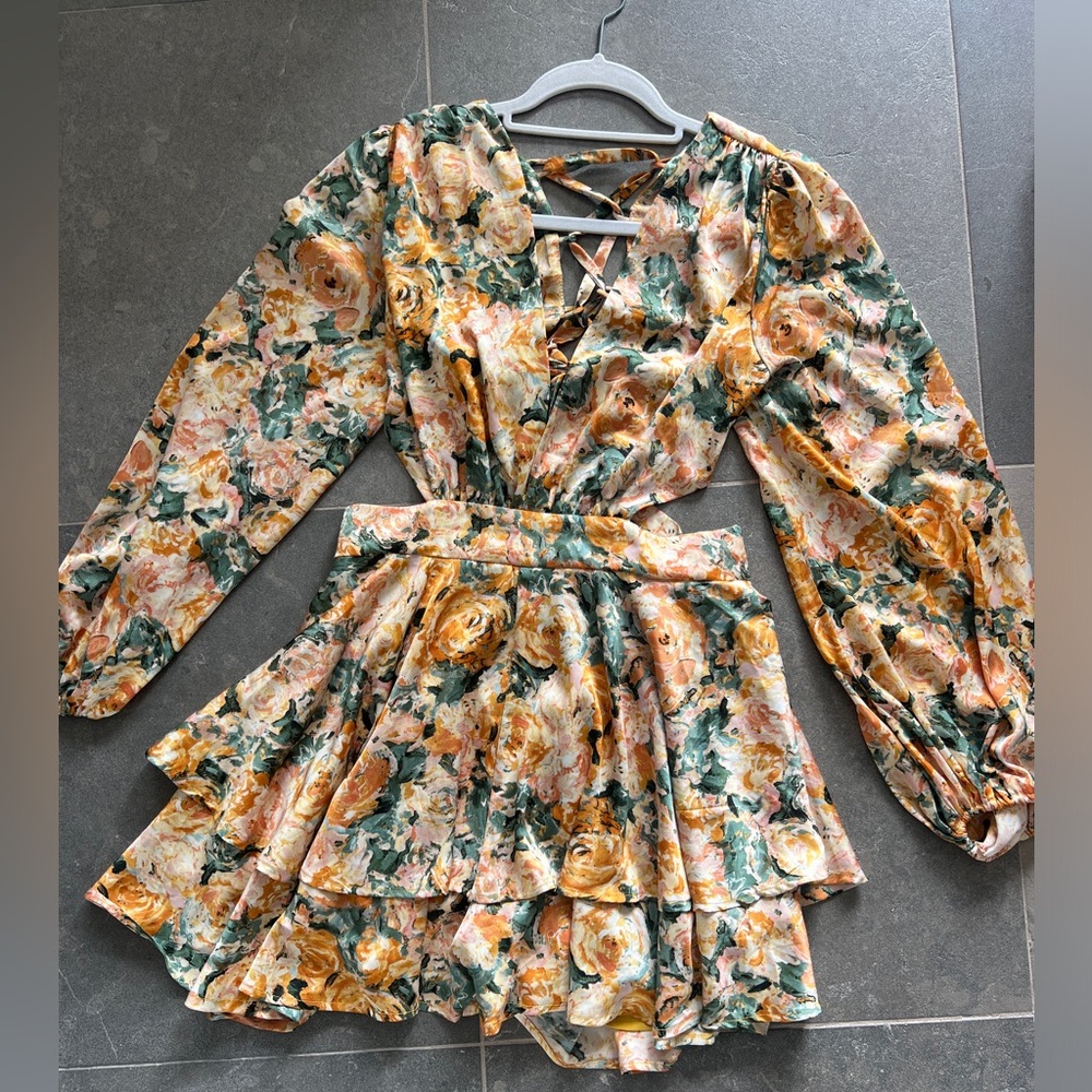 Peach Floral Silky Romper Long Sleeve Short